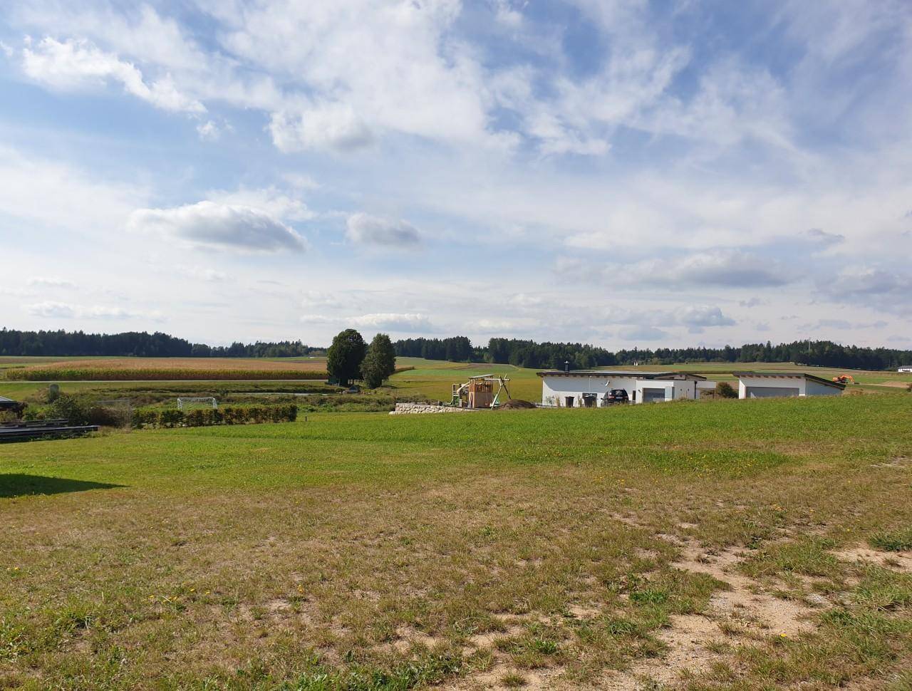 Weitläufige Landschaft mit grünen Feldern, Wäldern und einigen modernen Gebäuden am Horizont unter blauem Himmel.