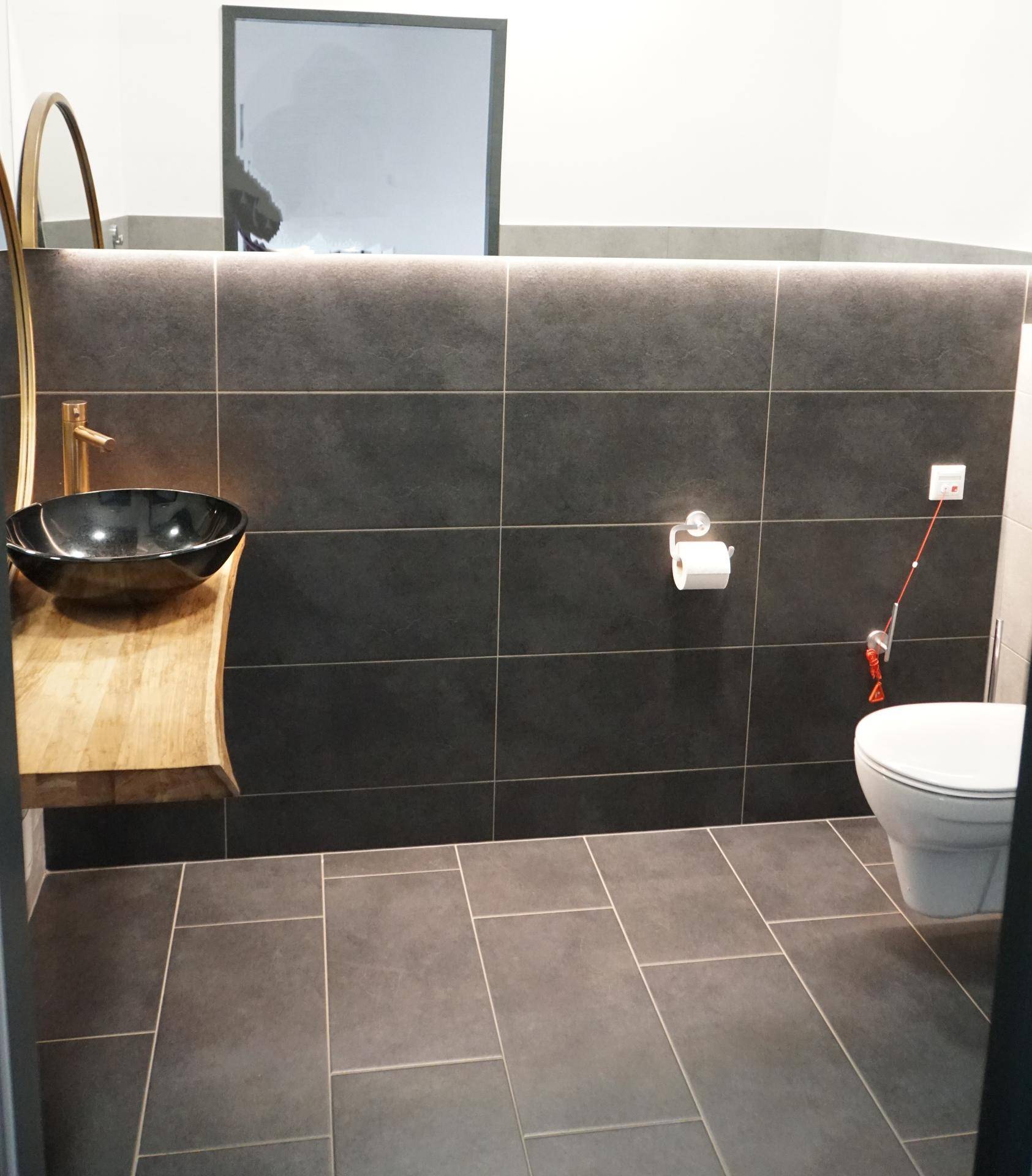 Modernes Badezimmer mit dunklen Fliesen, einem einzigartigen Waschbecken und einem Wand-WC.
