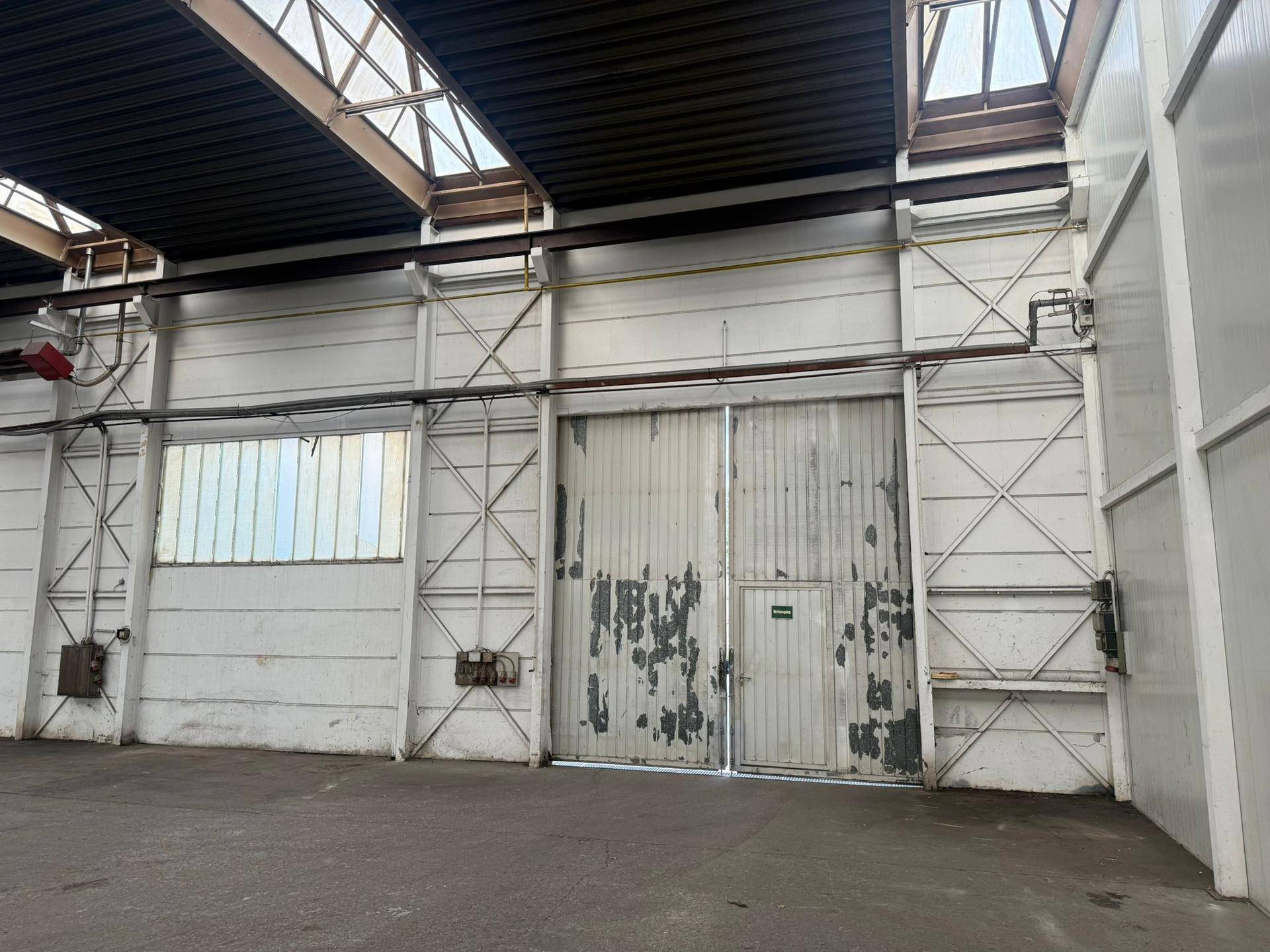 Industrietor mit abgenutzter Farbe und Fenster in einer großen Lagerhalle mit Betonboden.