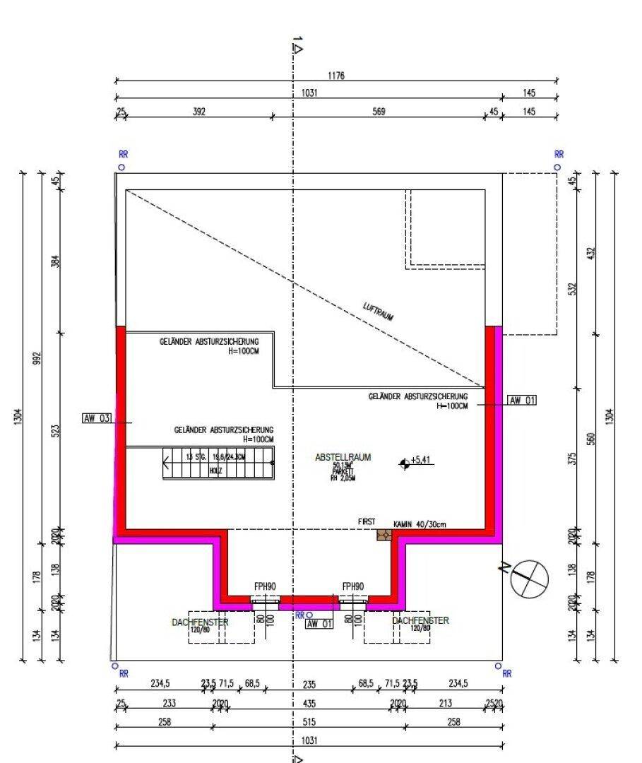 Grundriss des Dachgeschosses mit Luftraum und Abstellraum.