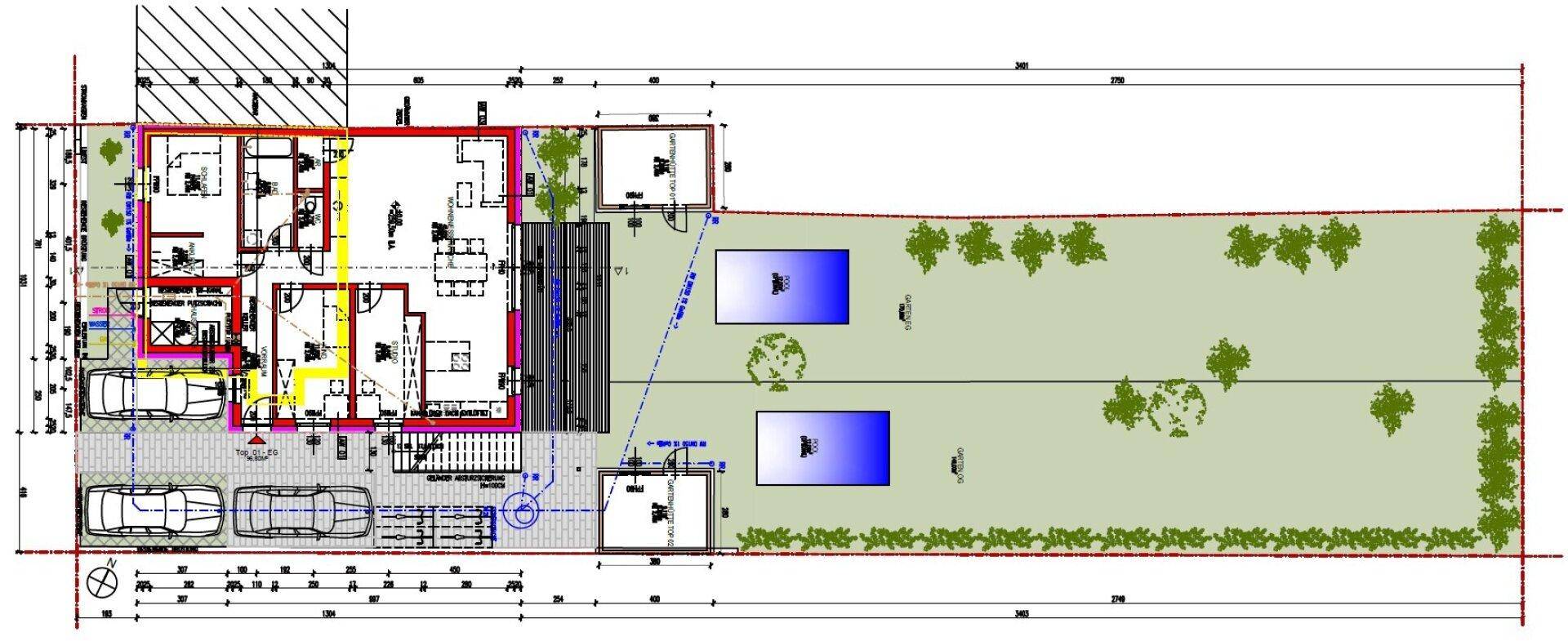 Übersichtsplan des Grundstücks mit Gebäudegrundriss, Gartenanlage und zwei Pools.