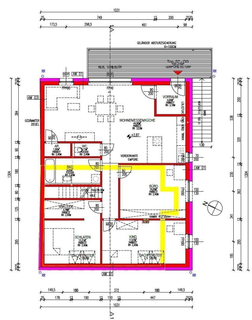 Detaillierter Grundriss des Obergeschosses mit Wohn-Essbereich, Küche und Zimmern.