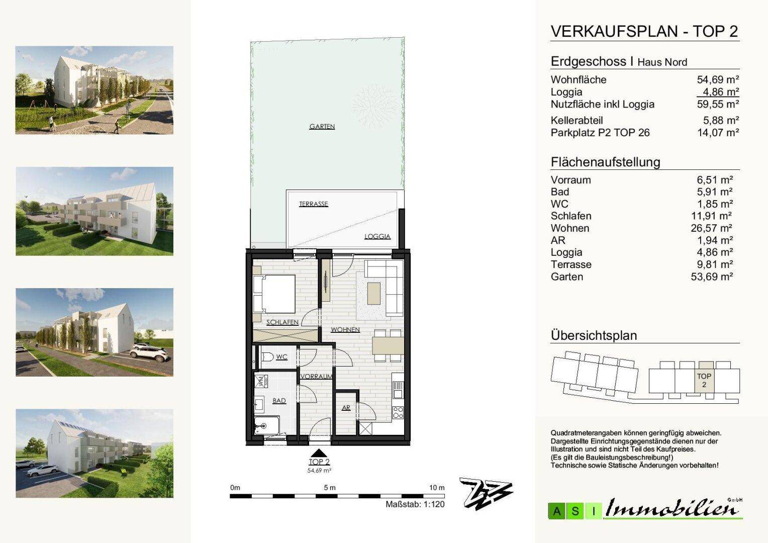 Verkaufsplan mit Grundriss für Erdgeschoss TOP 2 und vier Außenansichten des Gebäudes.
