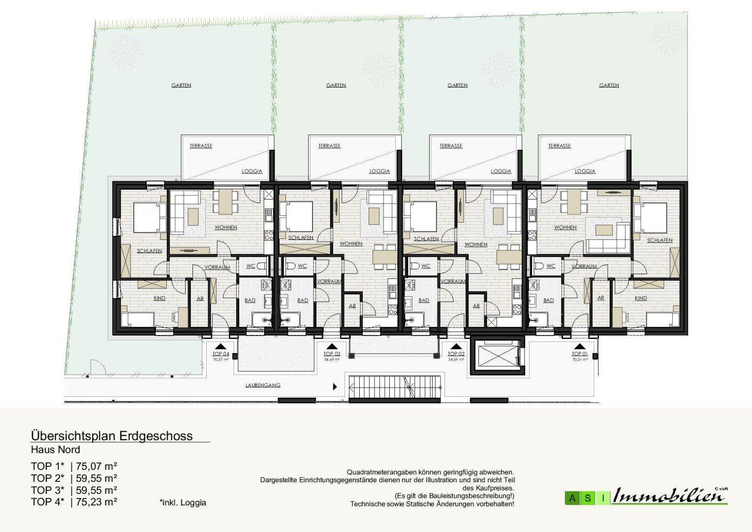 Übersichtsplan des Erdgeschosses mit mehreren Wohneinheiten, Terrassen und Gärten.