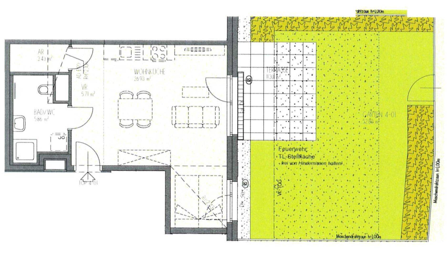 Grundriss zeigt eine Wohnung mit offenem Wohn-Essbereich, Bad und Zugang zu Terrasse und Garten.