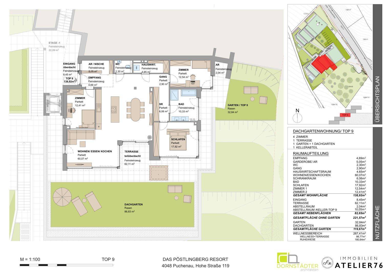 Detaillierter Grundriss einer Dachgeschosswohnung mit offenem Wohn-Essbereich, Schlafzimmern, Bädern und großer Terrasse sowie Dachgarten.