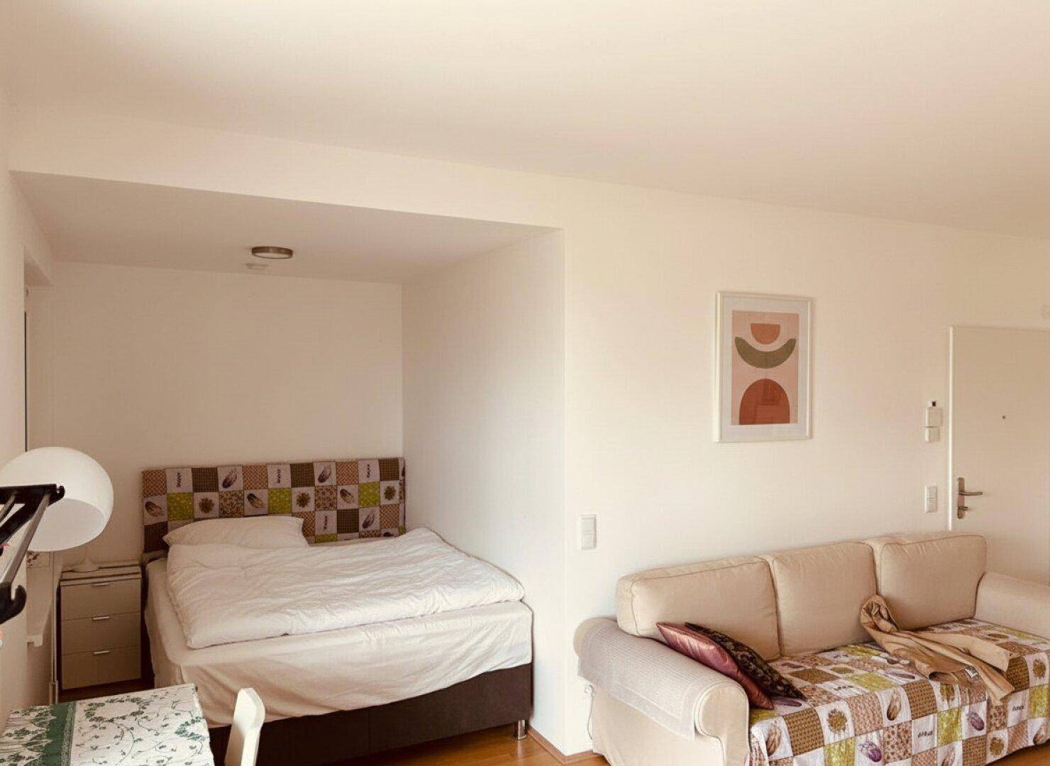 Gemütlicher Wohnbereich mit integriertem Schlafbereich und Sofa, ideal für ein Studio-Apartment.