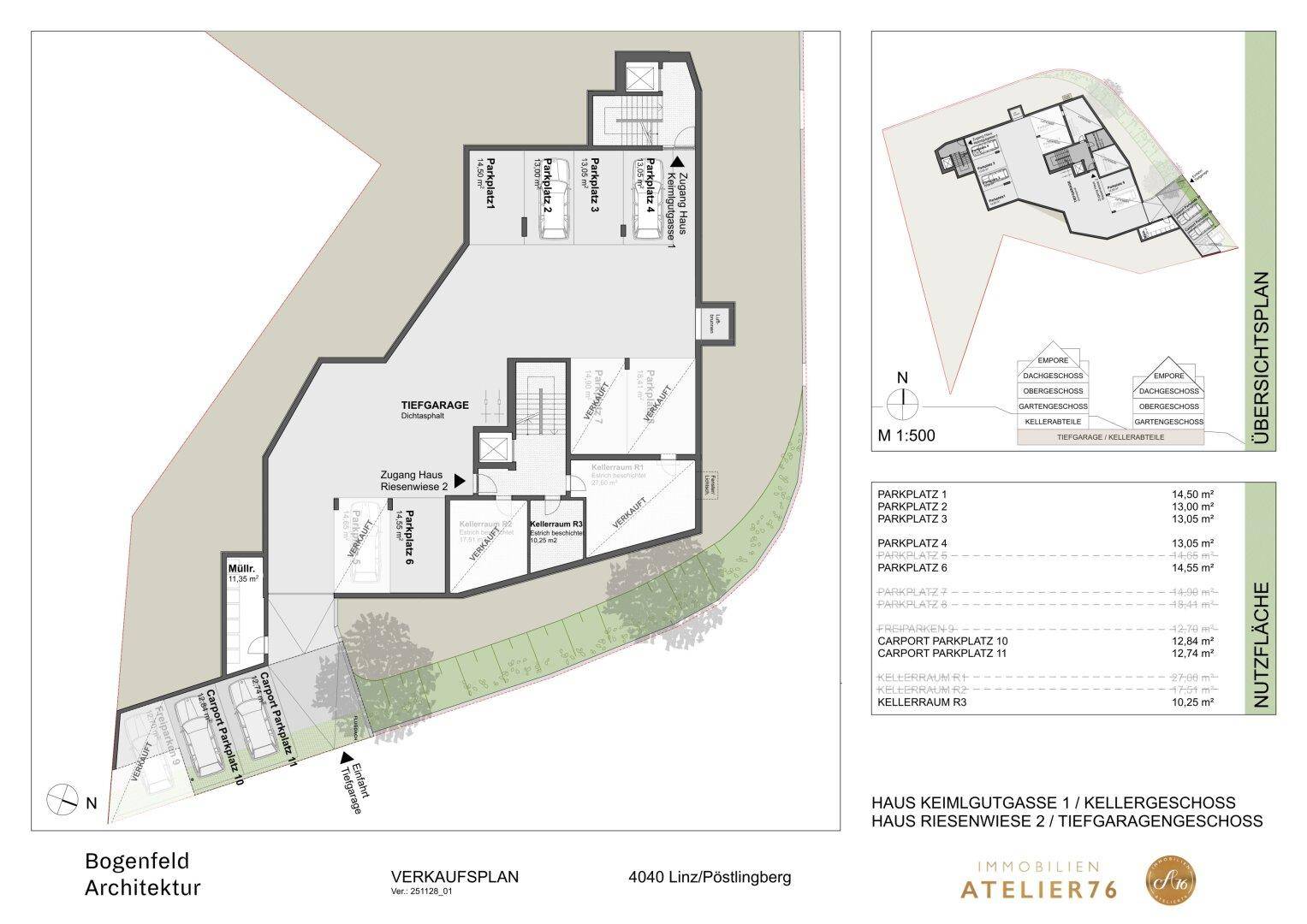 Grundriss der Tiefgarage mit mehreren Parkplätzen und einem Kellerraum.