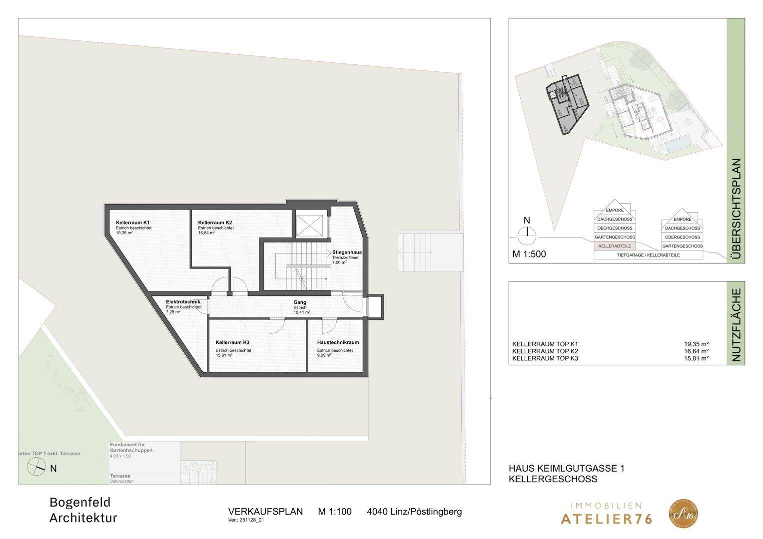 Grundriss des Kellergeschosses mit mehreren Kellerräumen und Technikräumen.