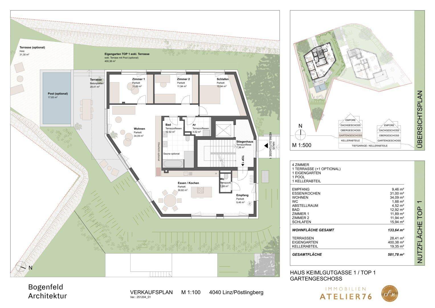 Detaillierter Grundriss des Erdgeschosses mit offenem Wohnbereich, drei Schlafzimmern, Terrasse und optionalem Pool.