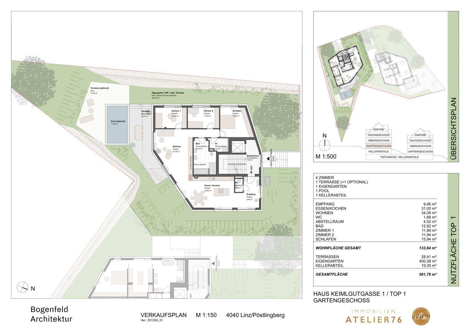 Übersichtlicher Grundriss des Erdgeschosses mit Wohnbereich, Schlafzimmern, großzügiger Terrasse und Garten.