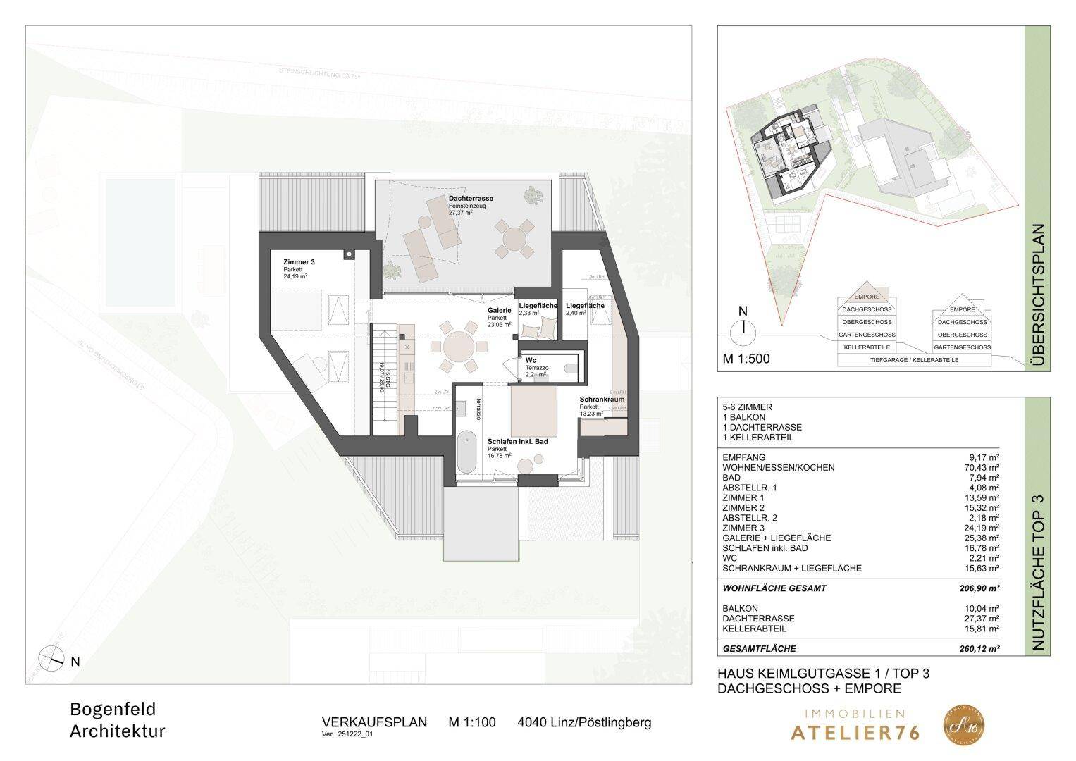 Grundriss der Empore mit großer Dachterrasse, Schlafzimmer und Bad.
