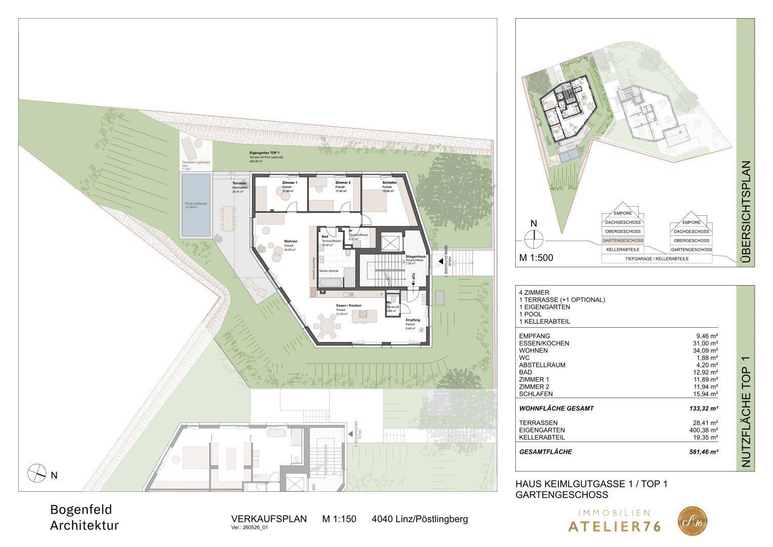 Grundriss des Erdgeschosses mit großem Garten, Terrasse und privatem Poolbereich.
