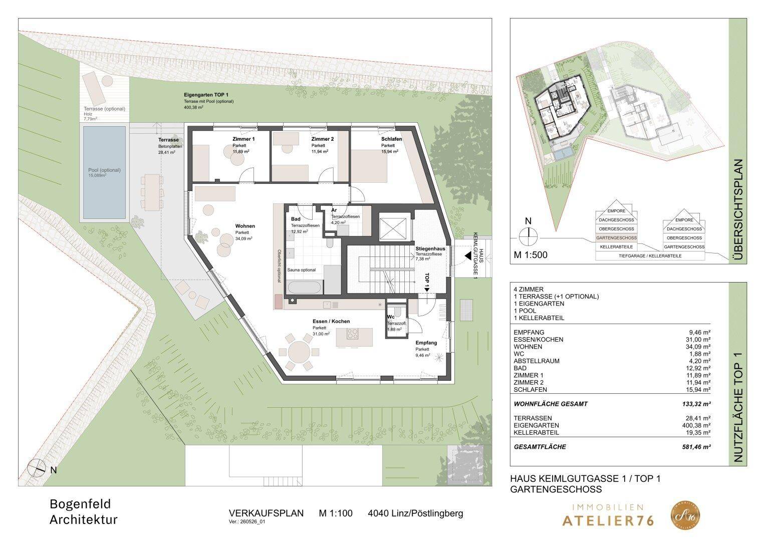 Grundriss des Erdgeschosses mit großem Garten, Terrasse und privatem Poolbereich.