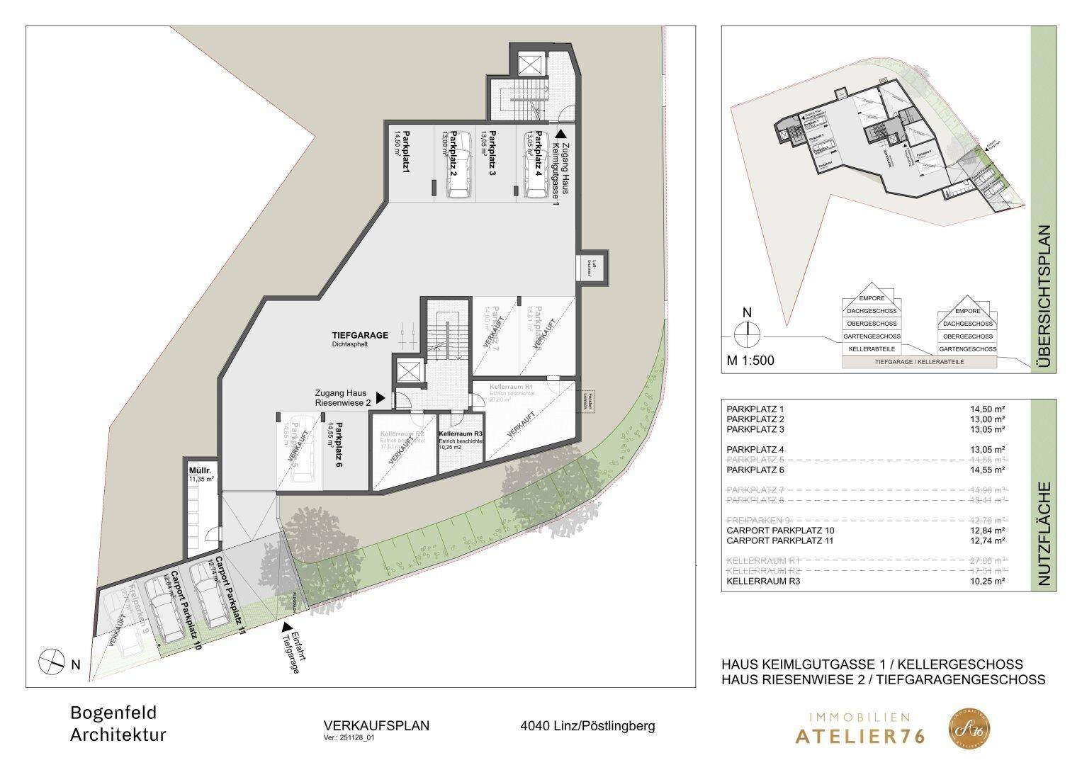Grundriss der Tiefgarage mit mehreren Parkplätzen und direktem Zugang zum Gebäude.