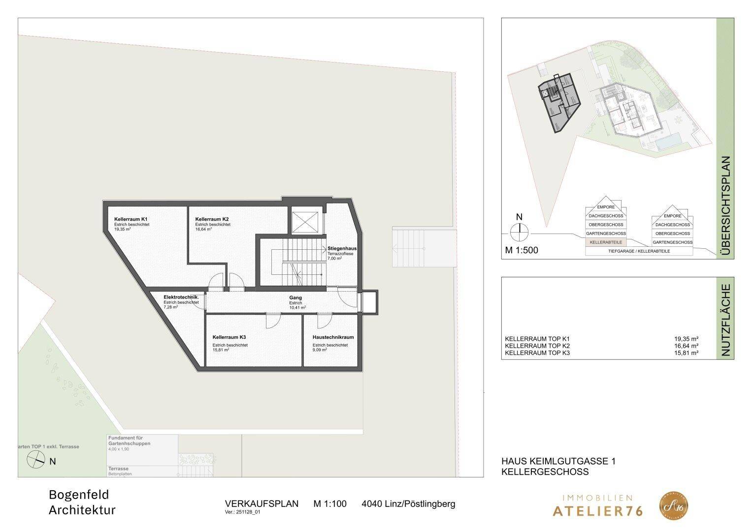 Detaillierter Grundriss des Kellergeschosses mit mehreren Abstell- und Technikräumen.
