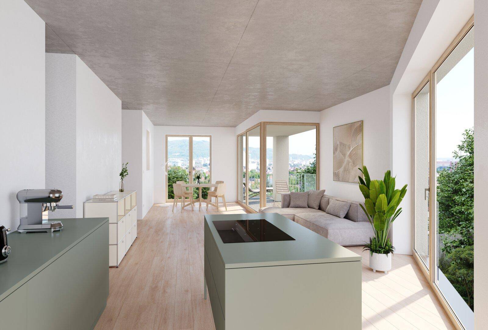 Heller offener Wohnbereich mit moderner Küche, Essbereich und Zugang zum Balkon mit schöner Aussicht.