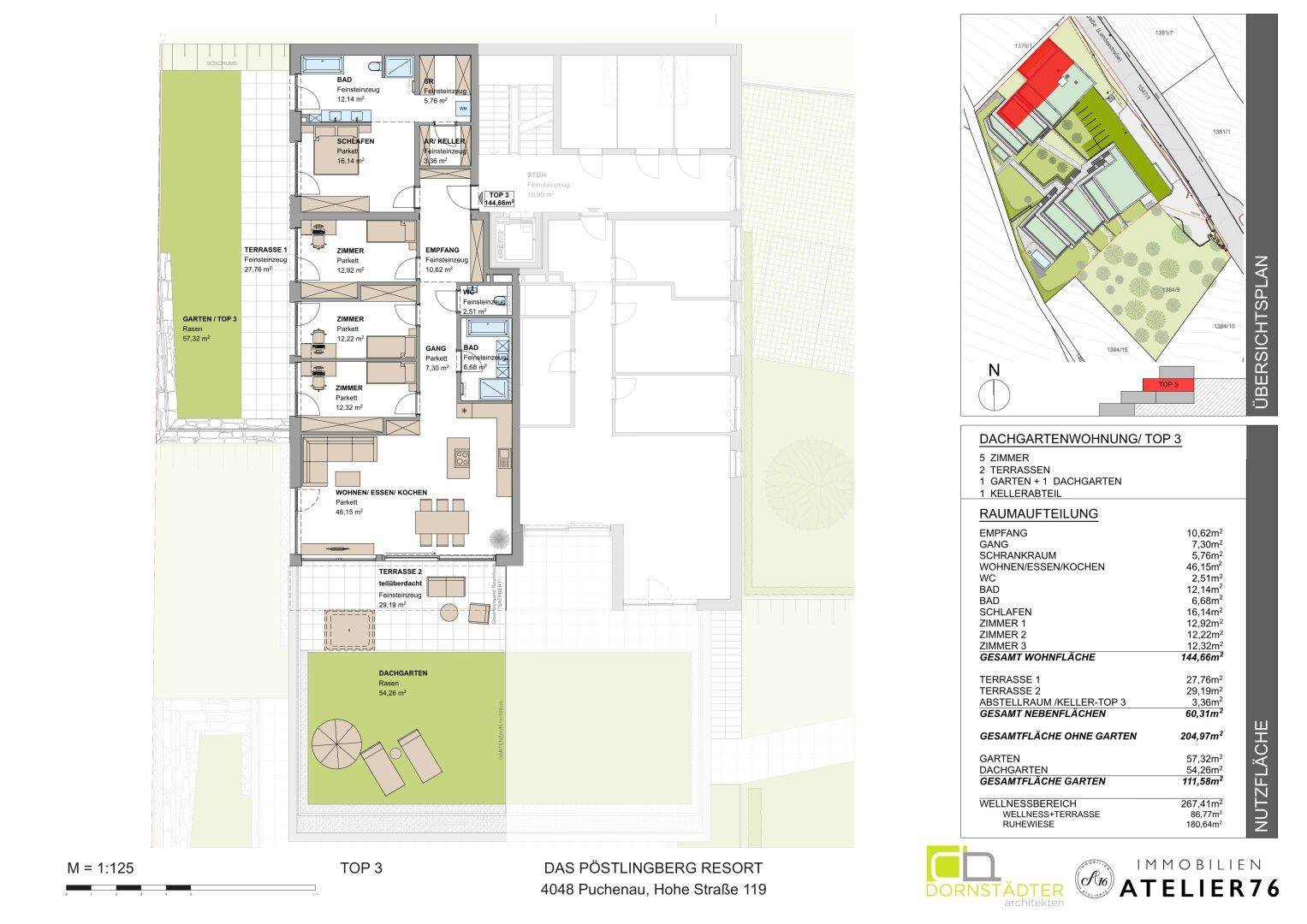 Detaillierter Grundriss einer Dachgartenwohnung mit offenem Wohnbereich, mehreren Schlafzimmern und Terrassen.