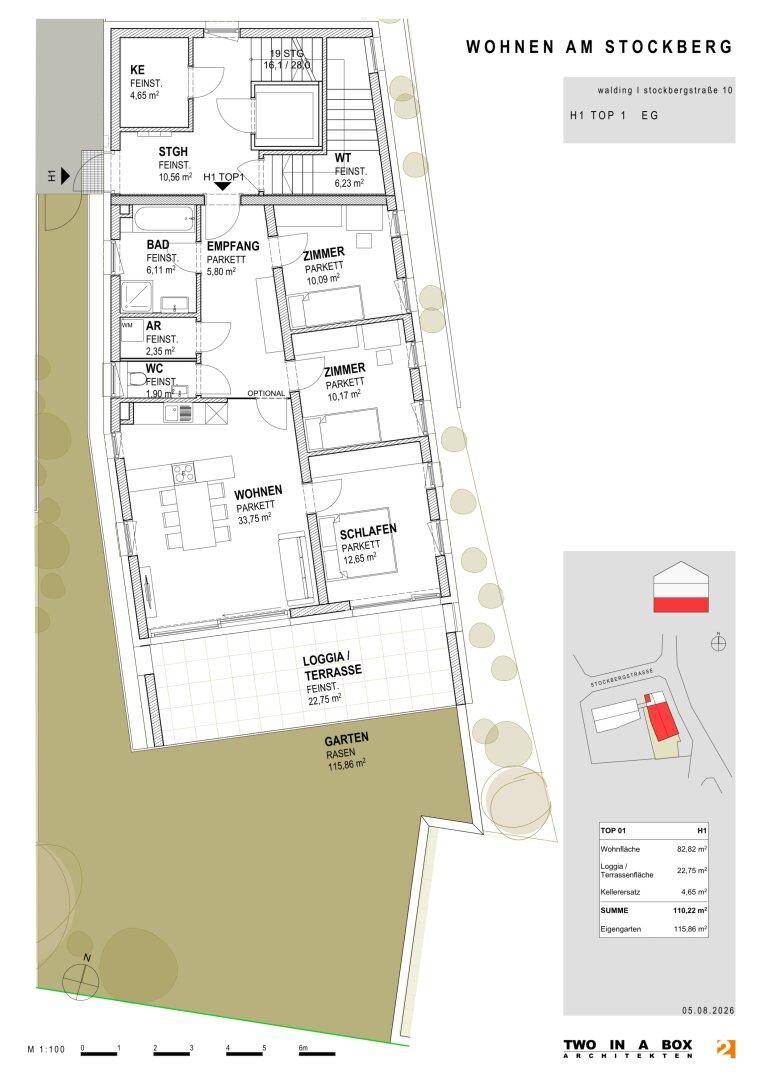 Detaillierter Grundriss einer Erdgeschosswohnung mit Loggia, Terrasse und privatem Garten.