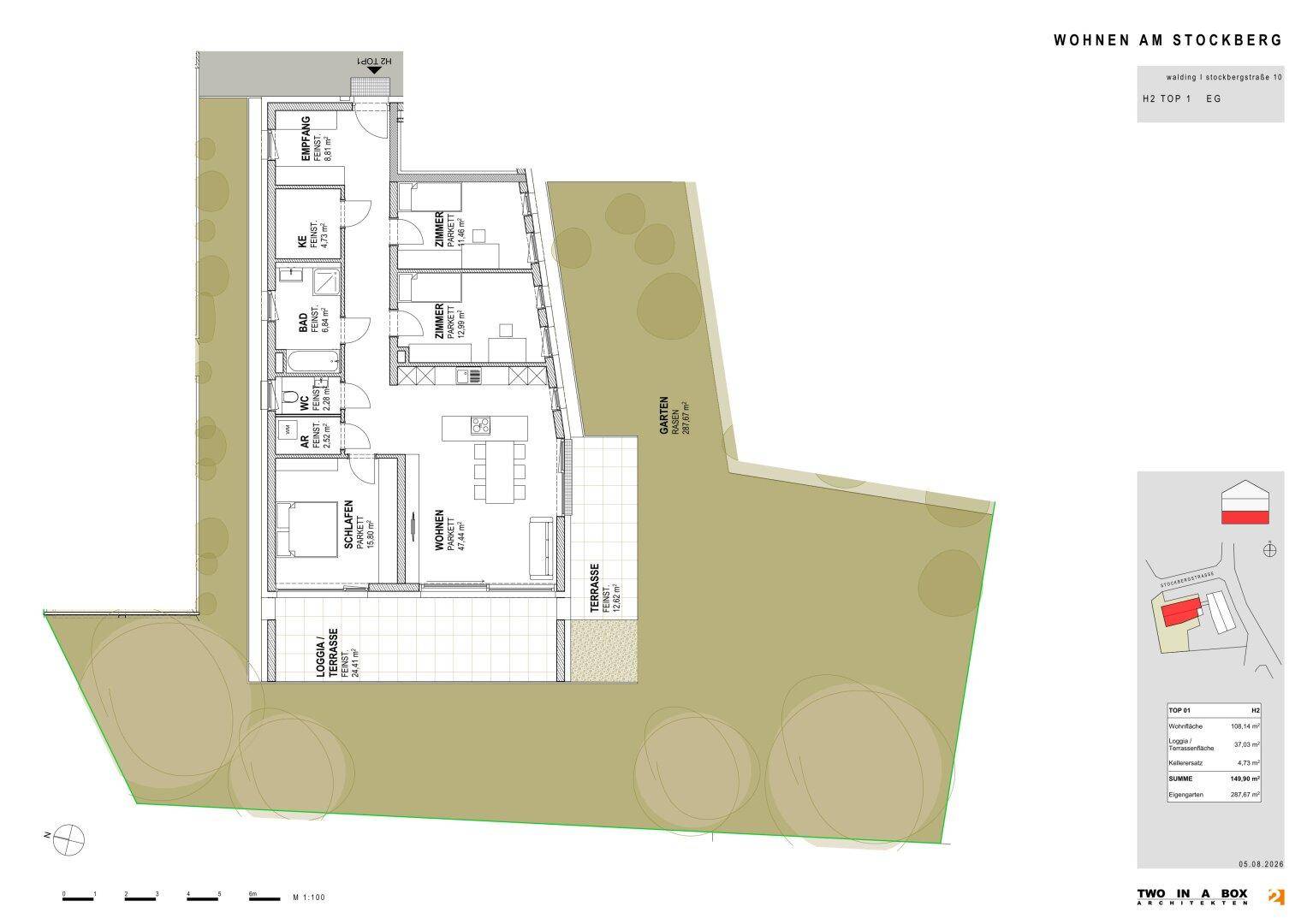 Grundriss einer Erdgeschosswohnung mit Loggia, Terrasse und großem Gartenbereich.