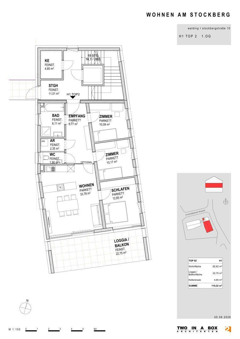 Grundriss einer Wohnung mit Wohnbereich, Schlafzimmern, Bad und großer Loggia/Balkon.