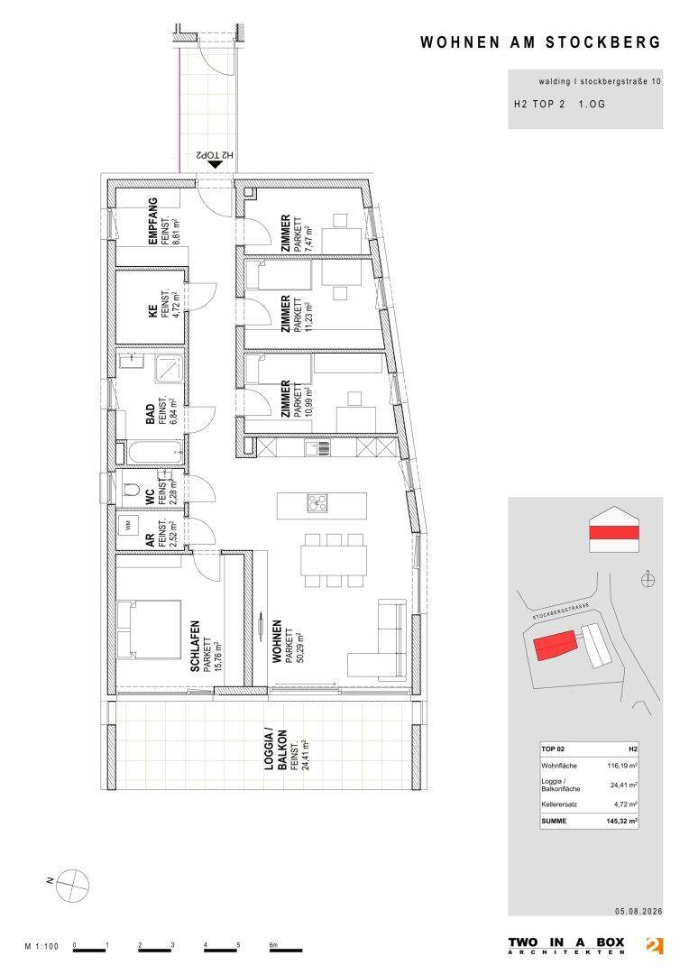 Detaillierter Grundriss einer Wohnung mit Loggia/Balkon und mehreren Zimmern.