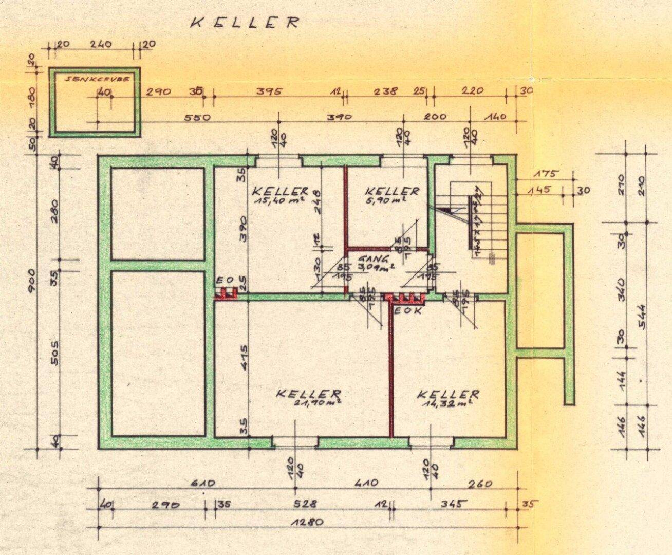 Grundriss des Kellers mit verschiedenen Kellerräumen und Zugang zur Treppe.