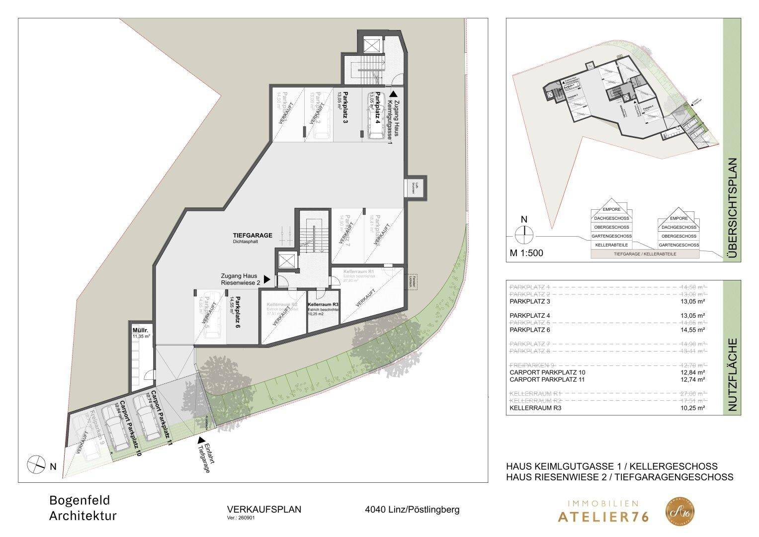 Grundriss der Tiefgarage mit mehreren Parkplätzen, Carports und zusätzlichen Kellerräumen.