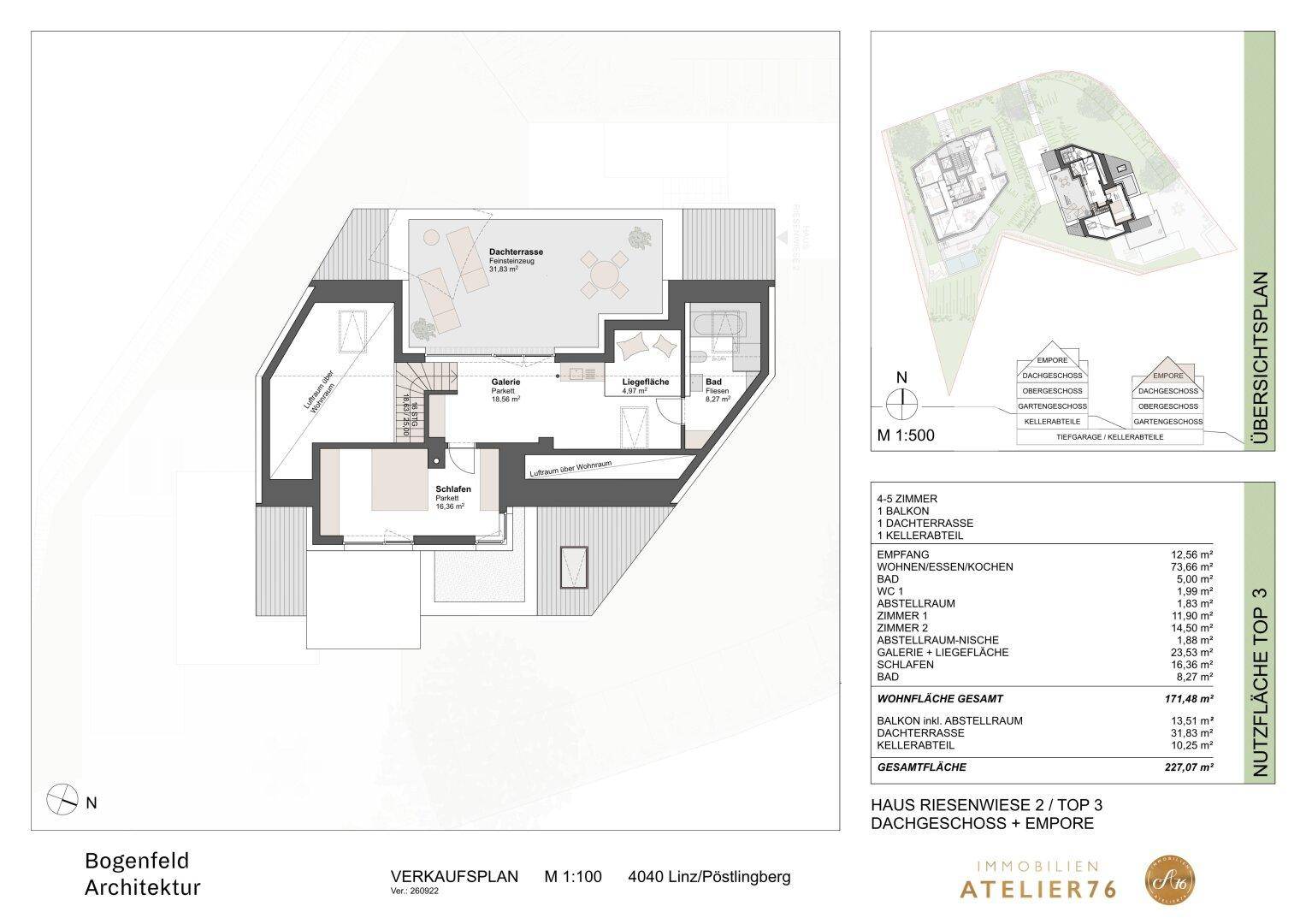 Grundriss der Empore mit Schlafzimmer, Galeriebereich und großer Dachterrasse für entspannte Stunden.