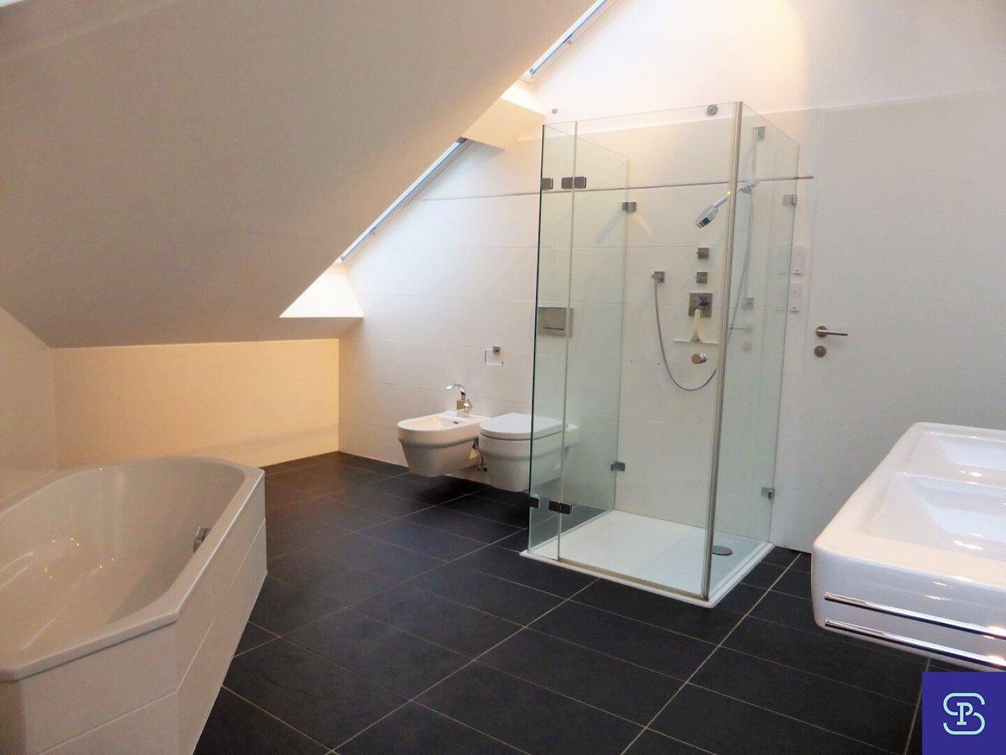 Helles Badezimmer mit Dusche, Badewanne, Bidet und Dachfenster.