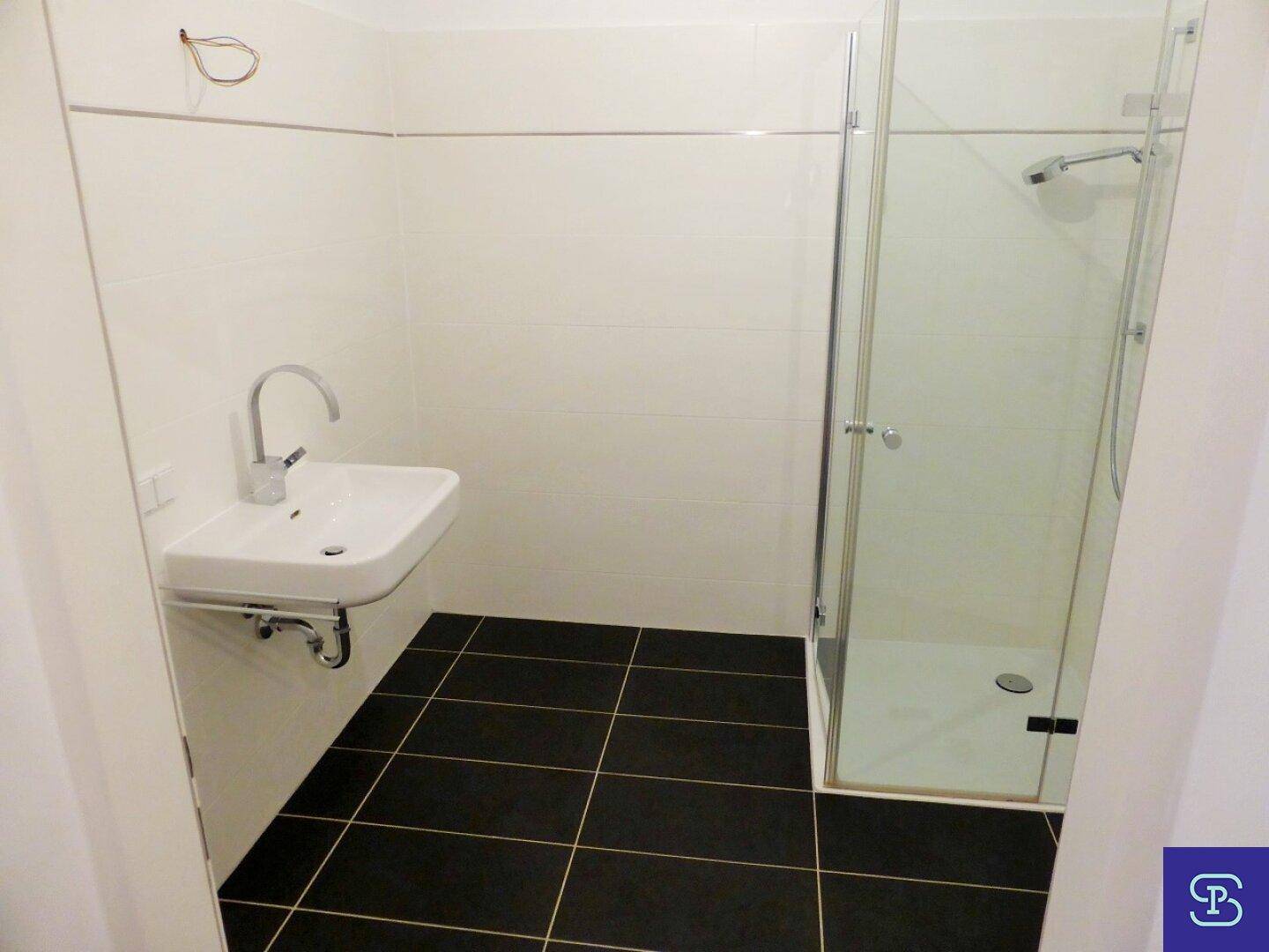 Kleines Badezimmer mit Dusche und Waschbecken, ideal als Gästebad.
