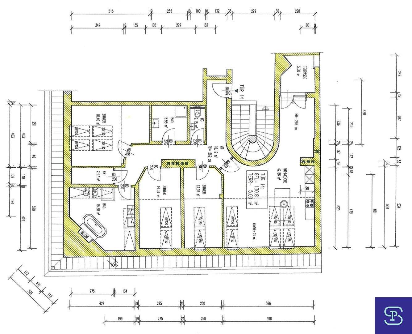 Detaillierter Grundriss der Wohnung mit Raumaufteilung und Terrasse.