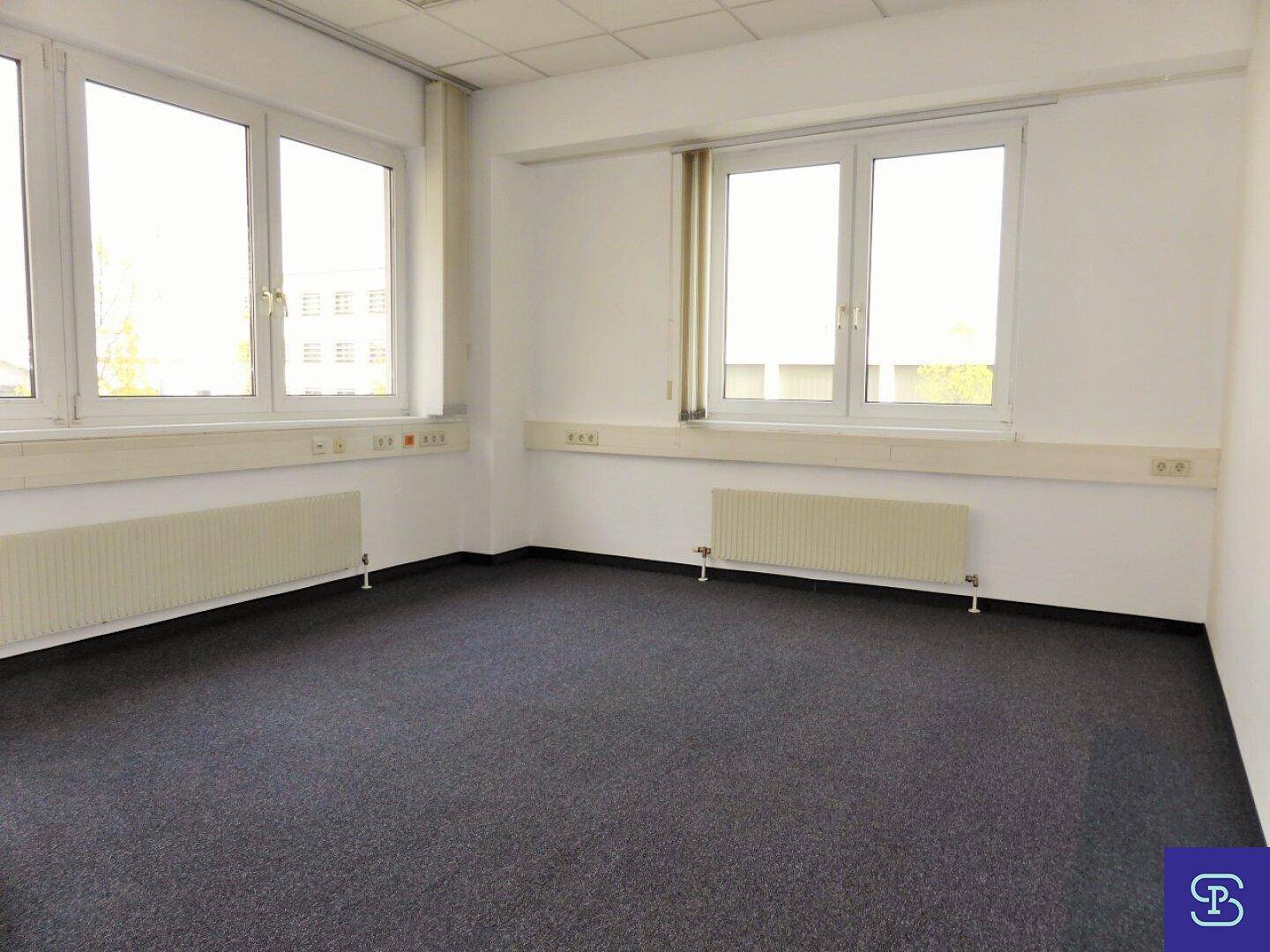 Büro mit großen Fenstern, die viel Tageslicht hereinlassen, Heizkörpern und Teppichboden.