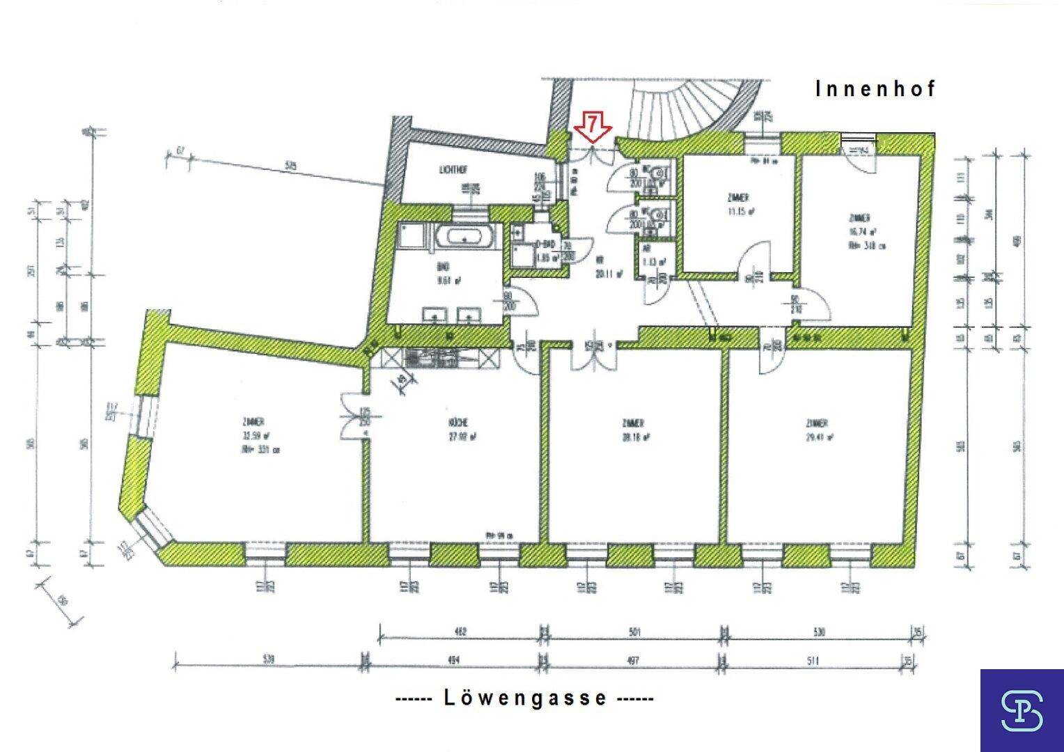 Grundriss der Wohnung mit mehreren Zimmern, Bad und Küche, inklusive Maßen.