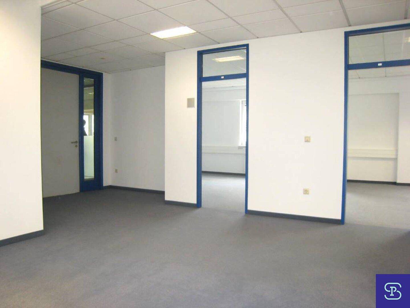 Bürofläche mit Teppichboden und blauen Türrahmen, die zu weiteren Räumen mit Glasausschnitten führen.