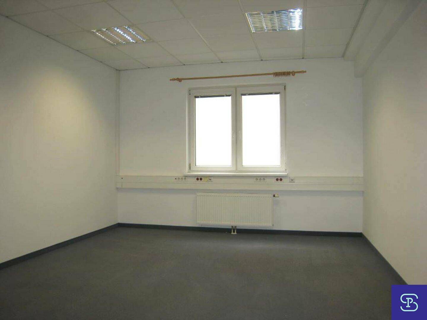 Büro mit Teppichboden und einem großen Fenster, das für eine helle und angenehme Arbeitsumgebung sorgt.
