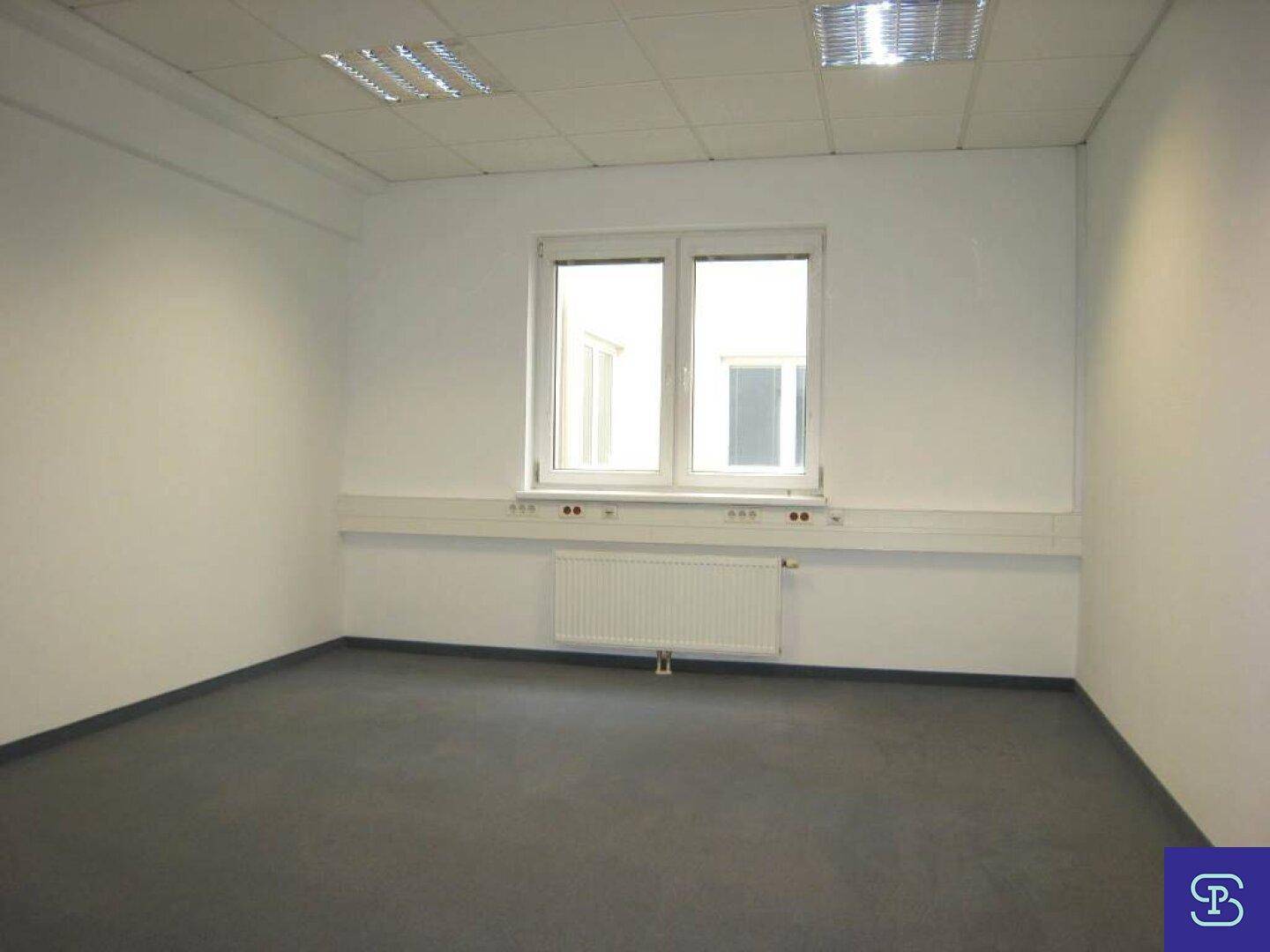 Büro mit Teppichboden, einem großen Fenster und Heizkörper, bietet eine gute Basis für individuelle Einrichtung.