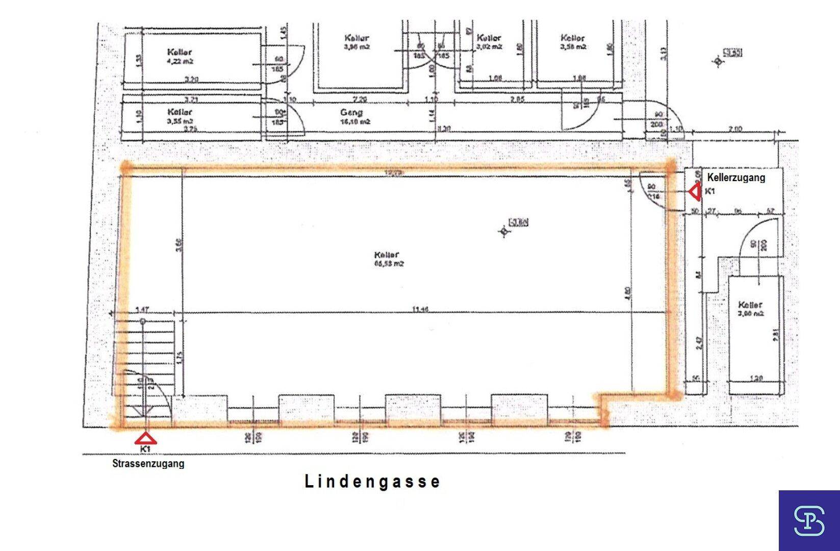 Grundriss des Kellergeschosses mit mehreren Kellerräumen und direktem Zugang zur Straße.