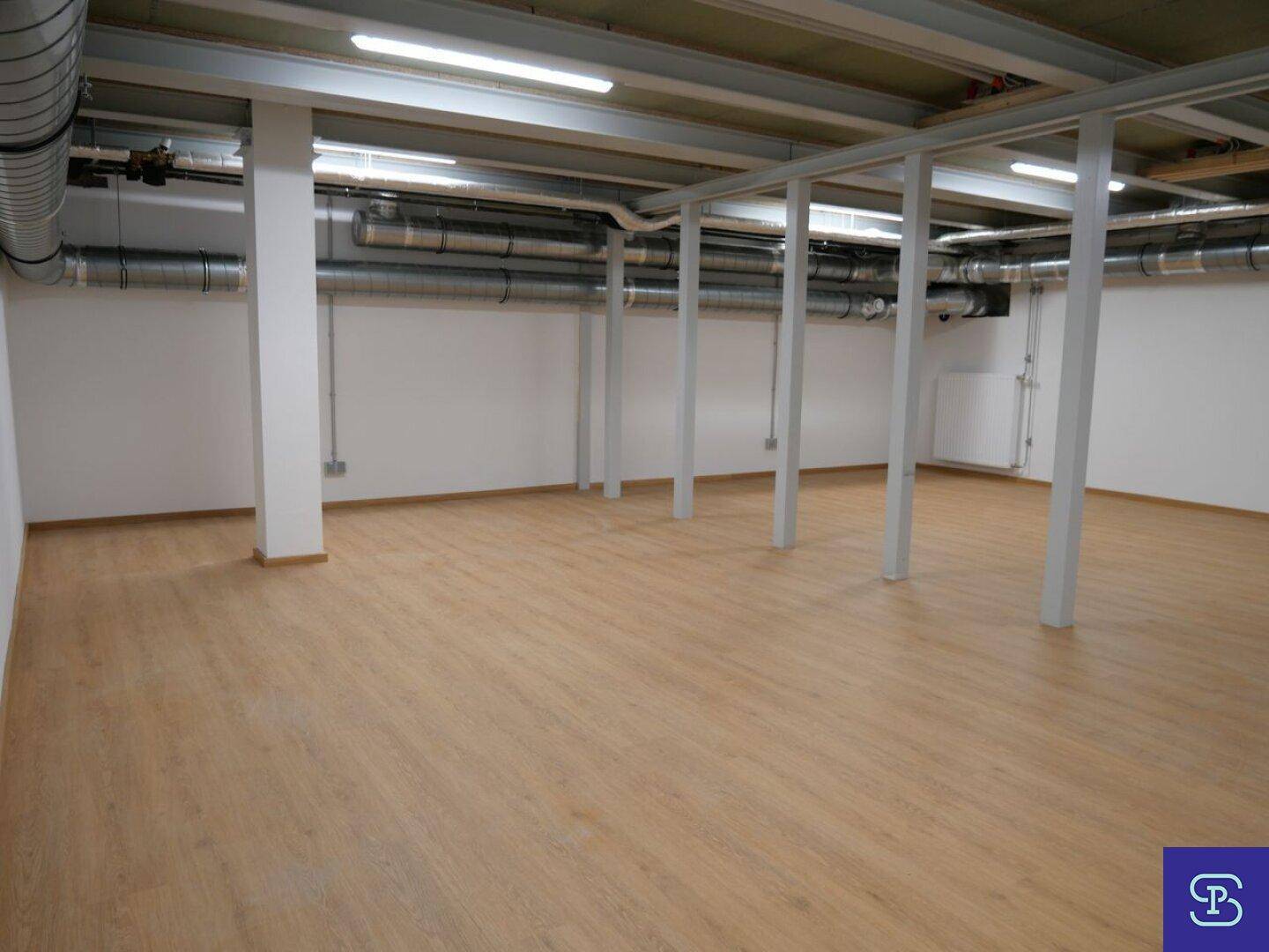 Großer Kellerraum mit Laminatboden, sichtbaren Rohren und Deckenbalken.