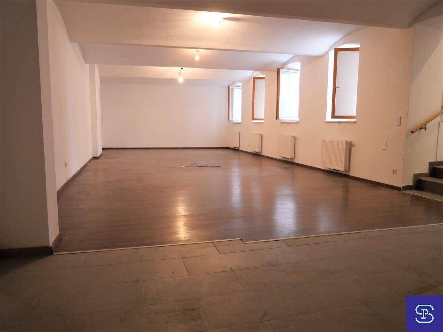 Geräumiger Kellerraum mit Laminatboden, mehreren Fenstern und sichtbaren Heizkörpern.
