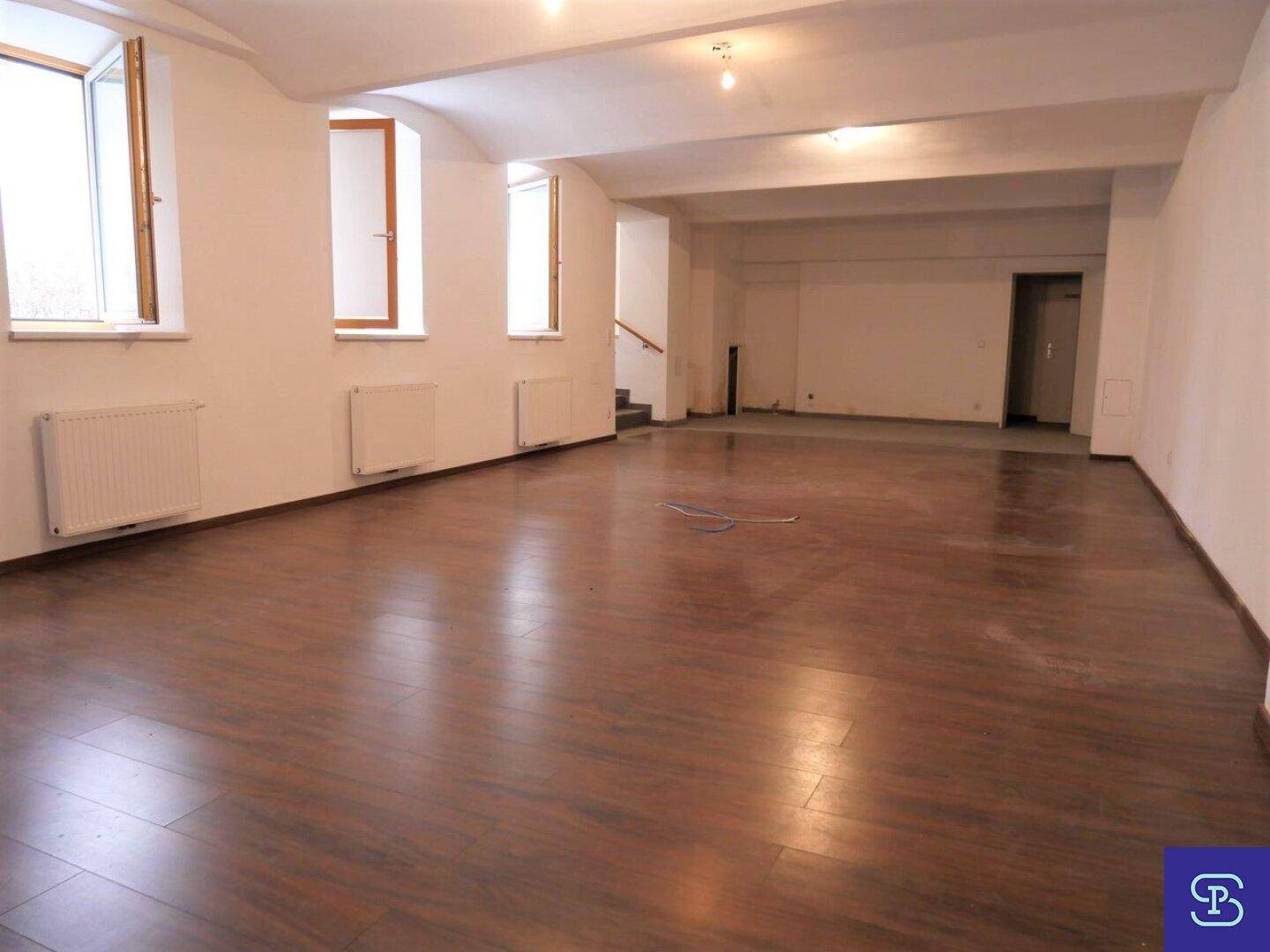 Heller und großer Raum im Untergeschoss mit Laminatboden und mehreren Fenstern.