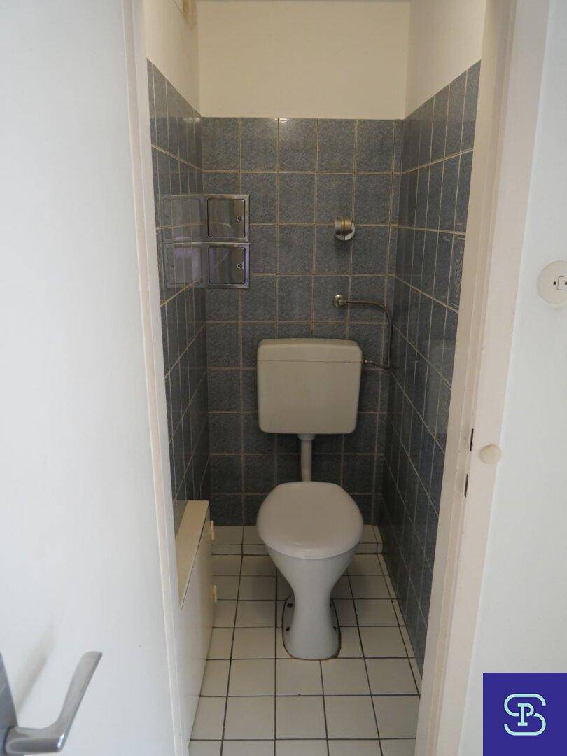 Separates WC mit blauen Wandfliesen und weißem Boden, funktional und sauber.