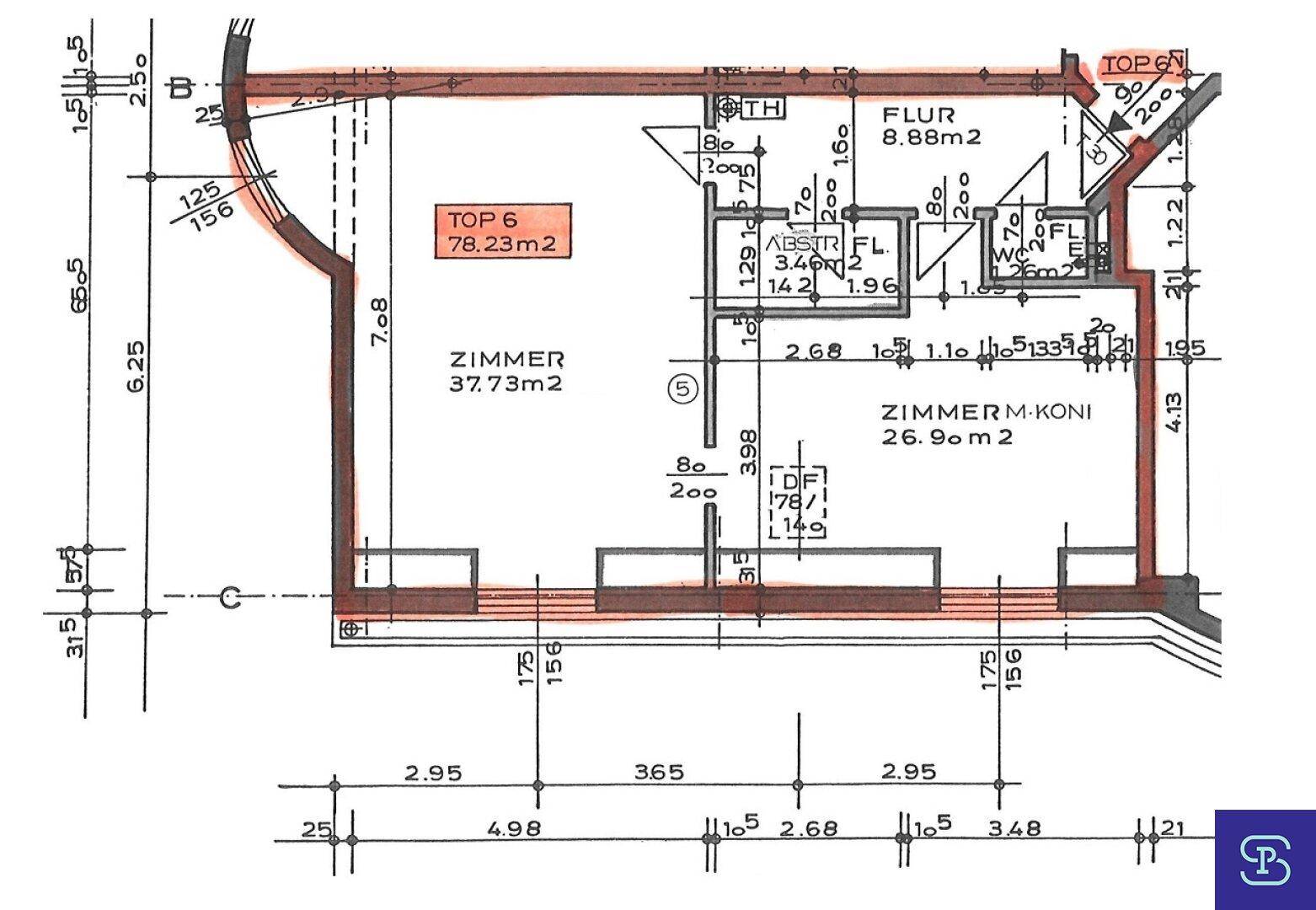 Grundriss des Dachgeschosses mit Zimmern, Flur und Abstellraum, inklusive Maßen und Flächenangaben.