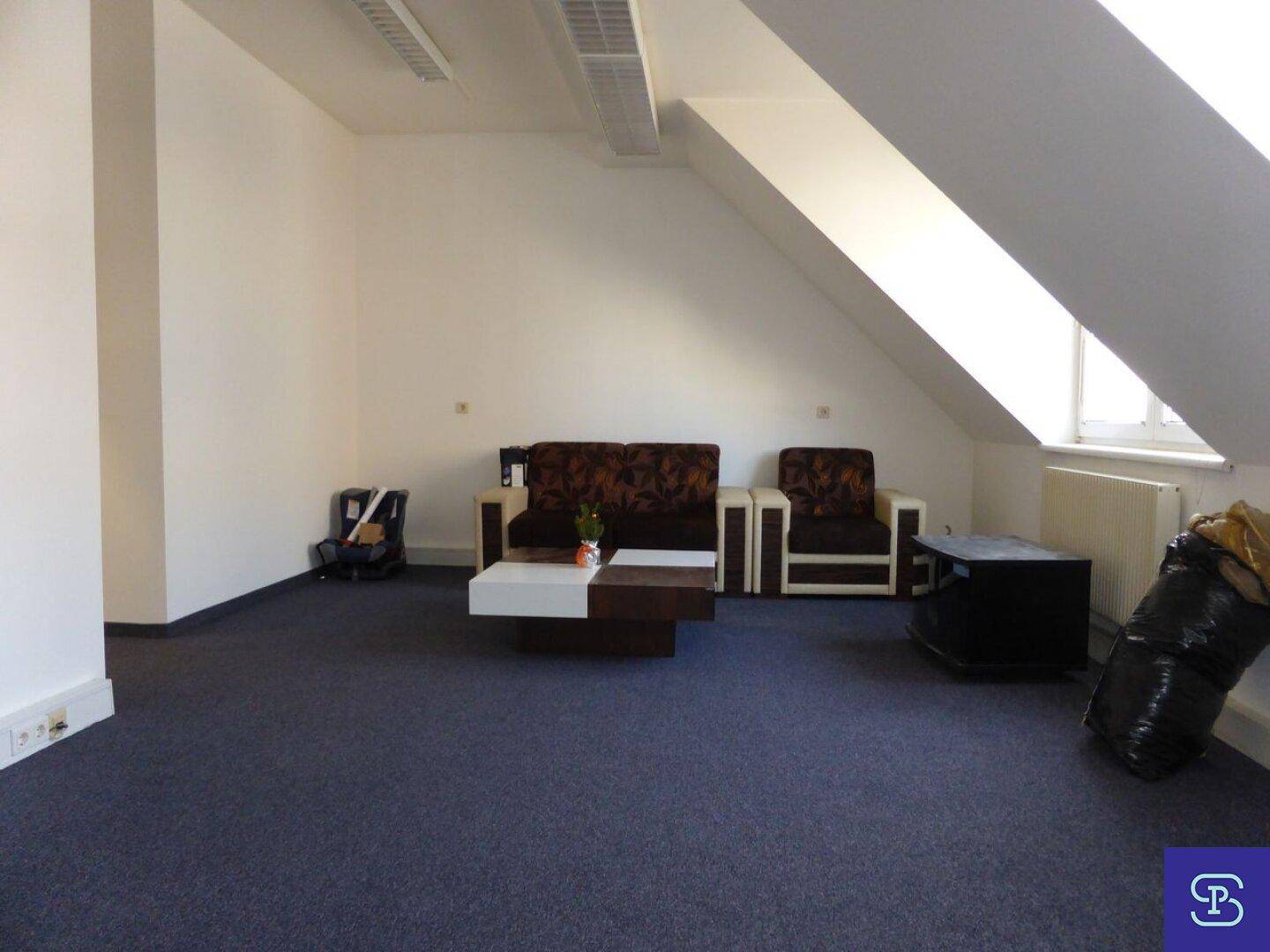 Gemütlicher Dachgeschoss-Loungebereich mit Teppichboden, Sofas und schrägen Wänden, ideal für Pausen.
