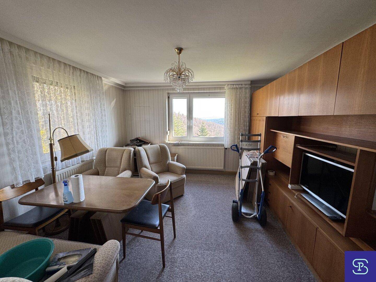 Gemütliches Wohnzimmer mit Teppichboden, Holzmöbeln und einem Fenster mit Bergblick.