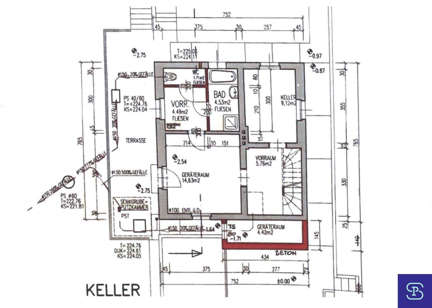 Grundriss des Kellers mit Geräteräumen, Bad und Vorraum.