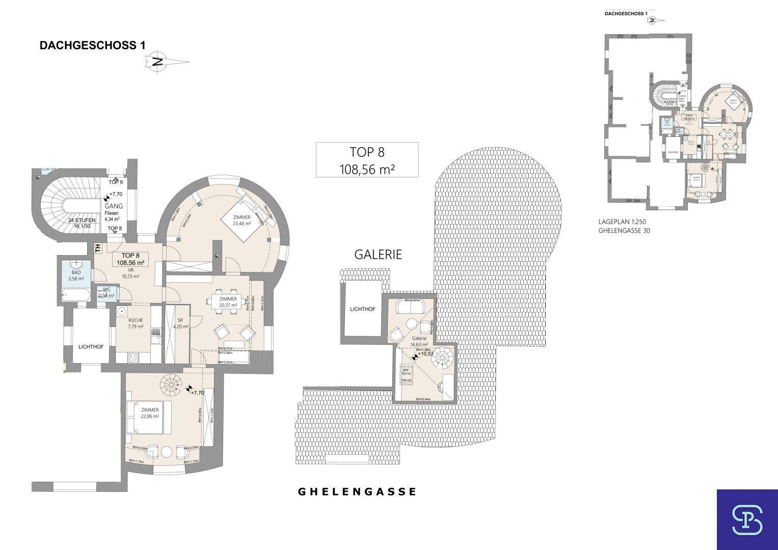 Grundriss des Dachgeschosses 1 für Top 8 mit 108,56 m², inklusive Galerie und Balkon.
