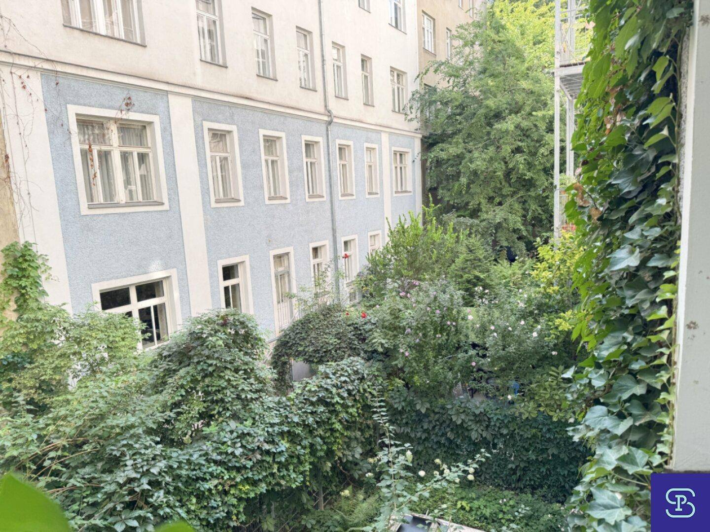 Blick in einen grünen Innenhof mit üppiger Vegetation und bewachsenen Fassaden.
