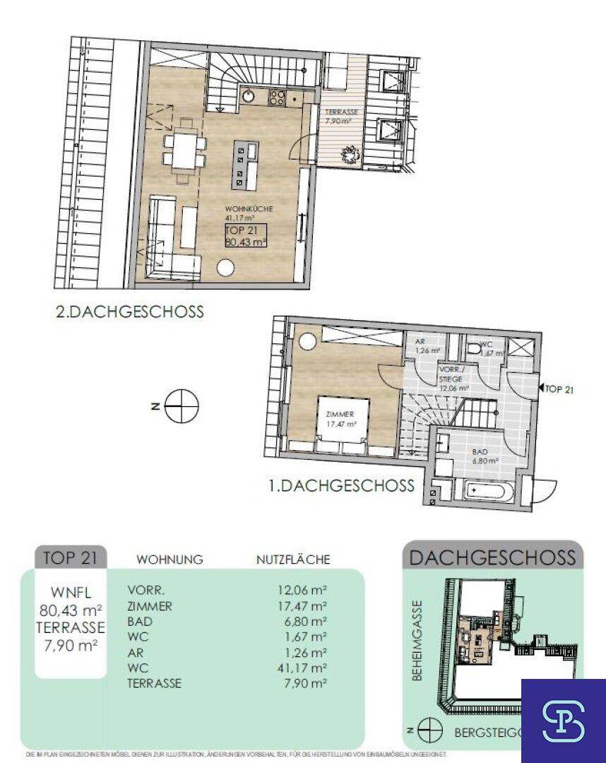 Grundriss einer Maisonette-Wohnung im Dachgeschoss mit offener Wohnküche, Terrasse und separatem Schlafzimmer.