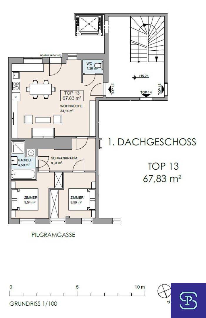 Grundriss des 1. Dachgeschosses, Top 13, mit 67,83 m² Wohnfläche und Balkon.